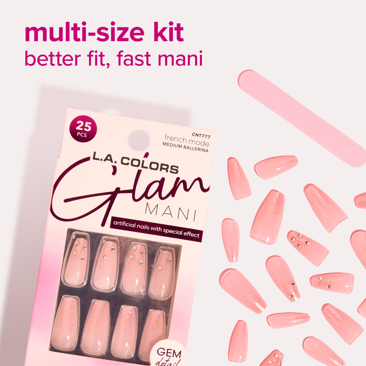 Thumbnail: Multi-size kit for a better fit and a fast mani: Glam Mani Nail Tips pack beside loose nail tips and a nail file.