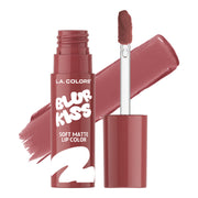 L.A. Colors Blur Kiss Soft Matte Lip Color in Sweet Rush, open tube and applicator with matching color swatch.
