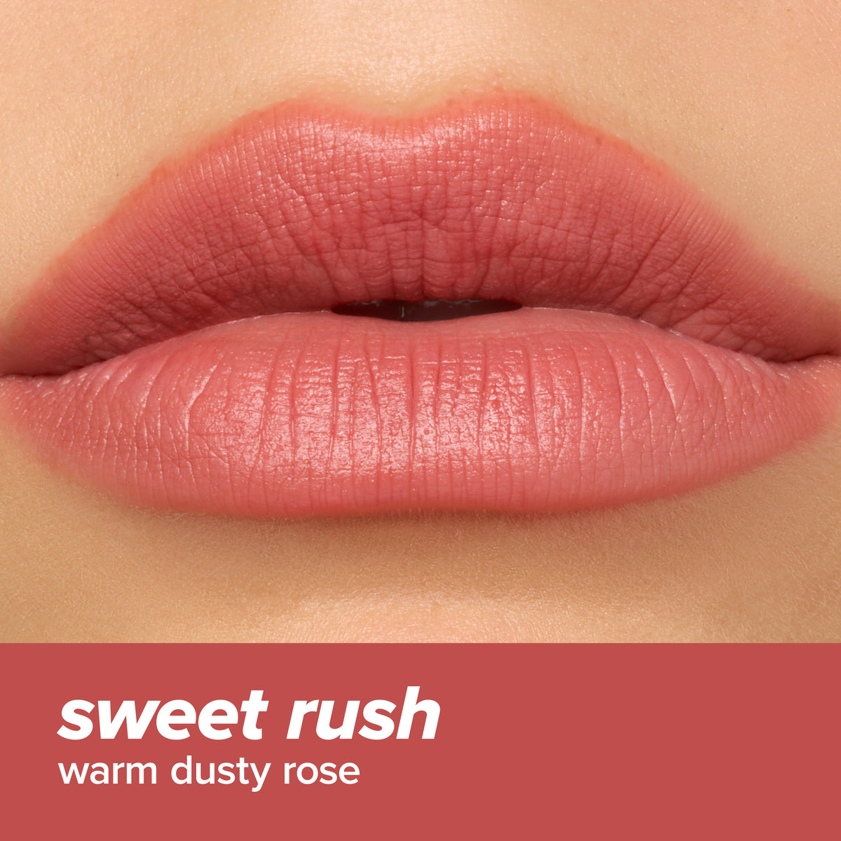 Thumbnail: Close-up of lips wearing L.A. Colors Blur Kiss Soft Matte Lip Color in Sweet Rush. Text: sweet rush, warm dusty rose.