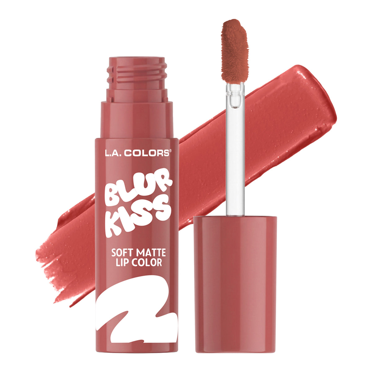 Thumbnail: L.A. Colors Blur Kiss Soft Matte Lip Color in Just Pinky, open tube and applicator with matching color swatch.