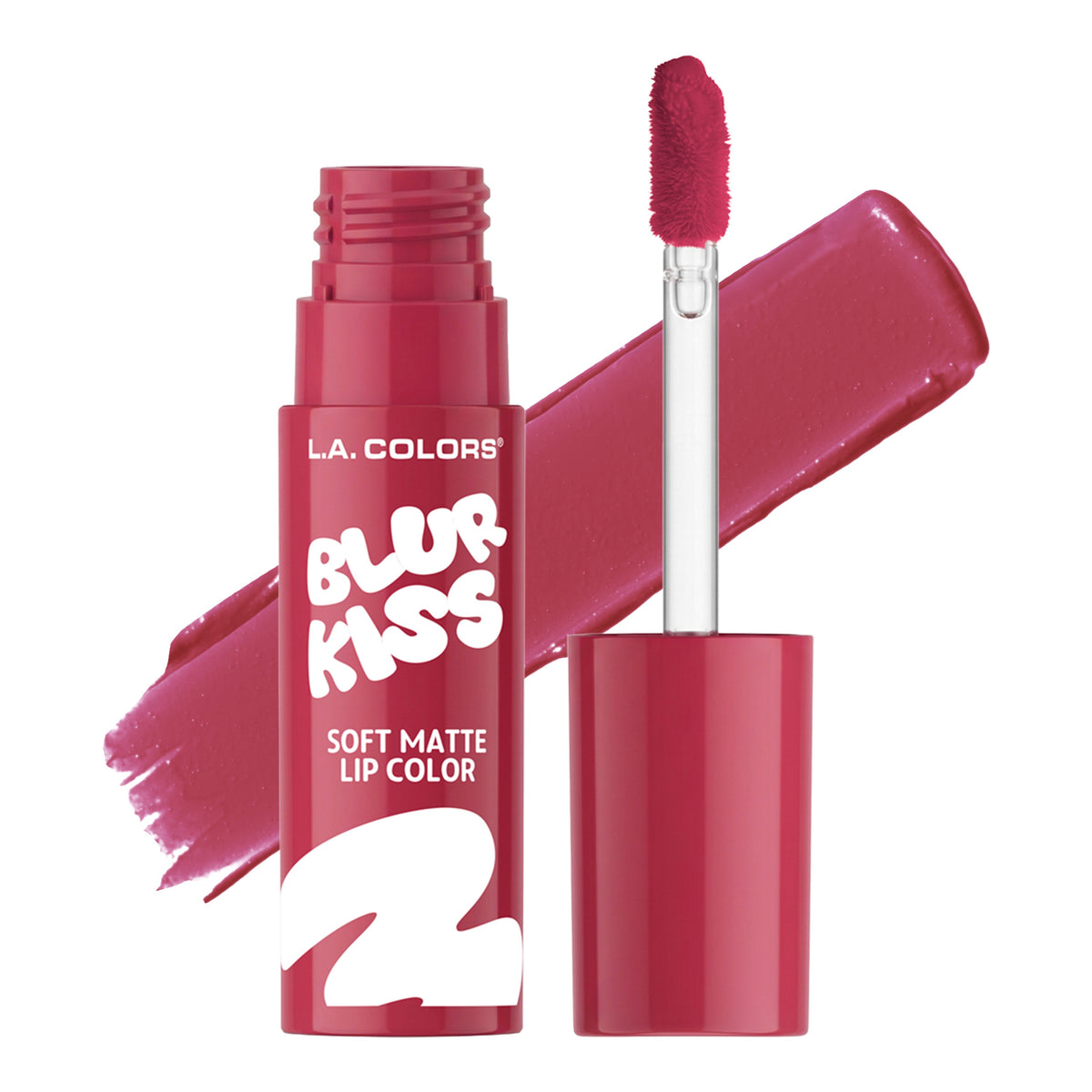 L.A. Colors Blur Kiss Soft Matte Lip Color in Burnt Kiss, open tube and applicator with matching color swatch.