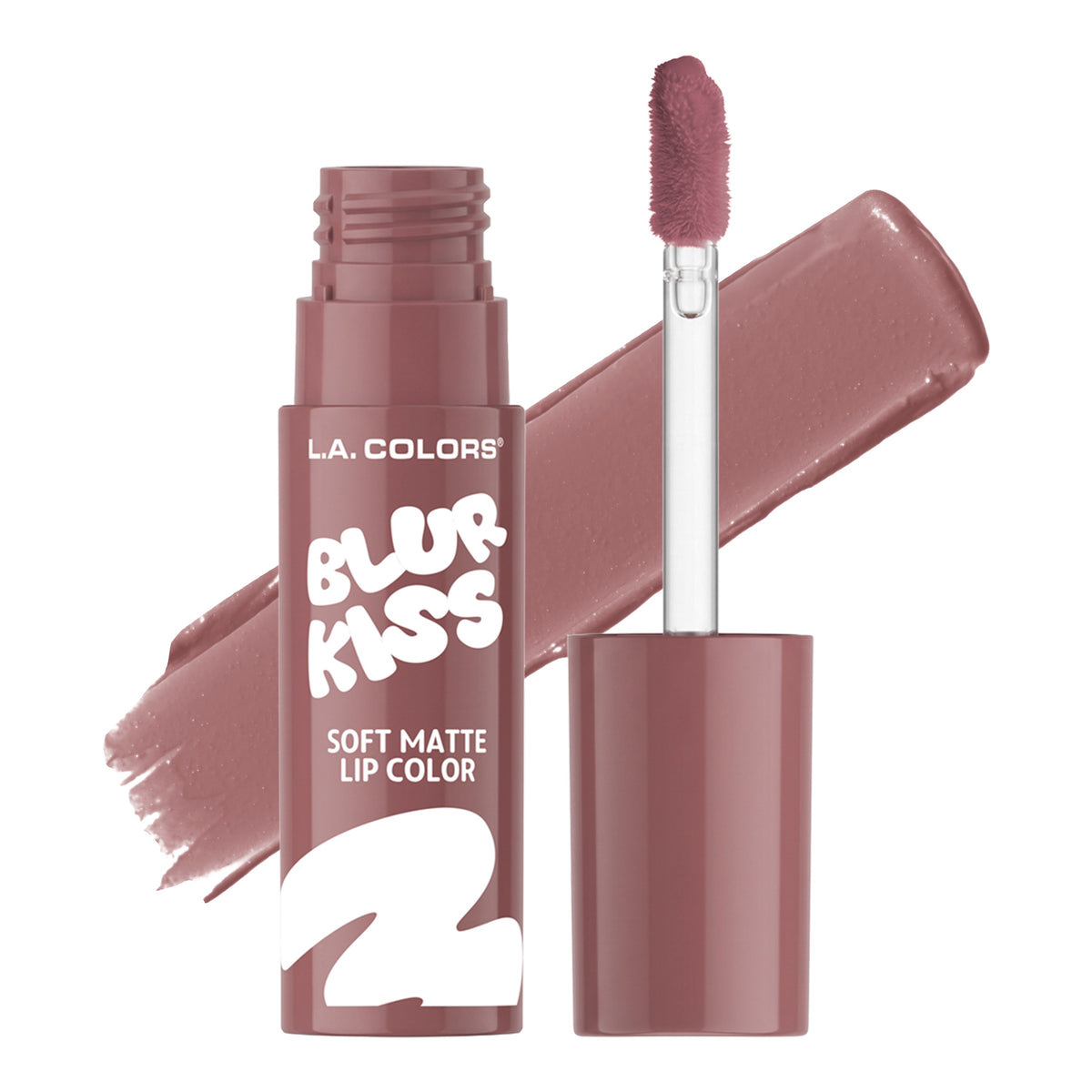 Thumbnail: L.A. Colors Blur Kiss Soft Matte Lip Color in Plush Blush, open tube and applicator with matching color swatch.