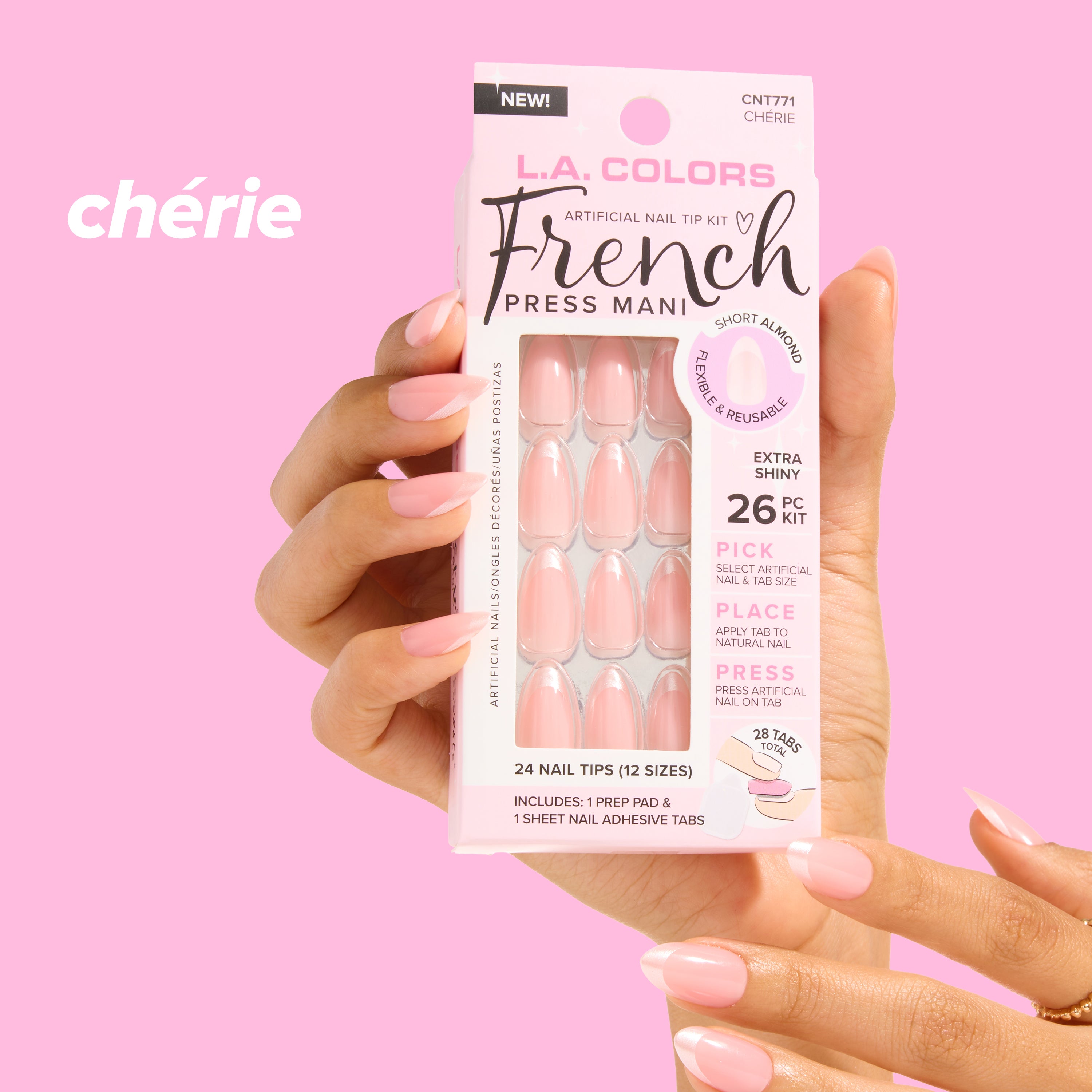 Thumbnail: French Press Mani Nail Tip Kit — Cherie kit, nails, and prep pad; quick application infographic