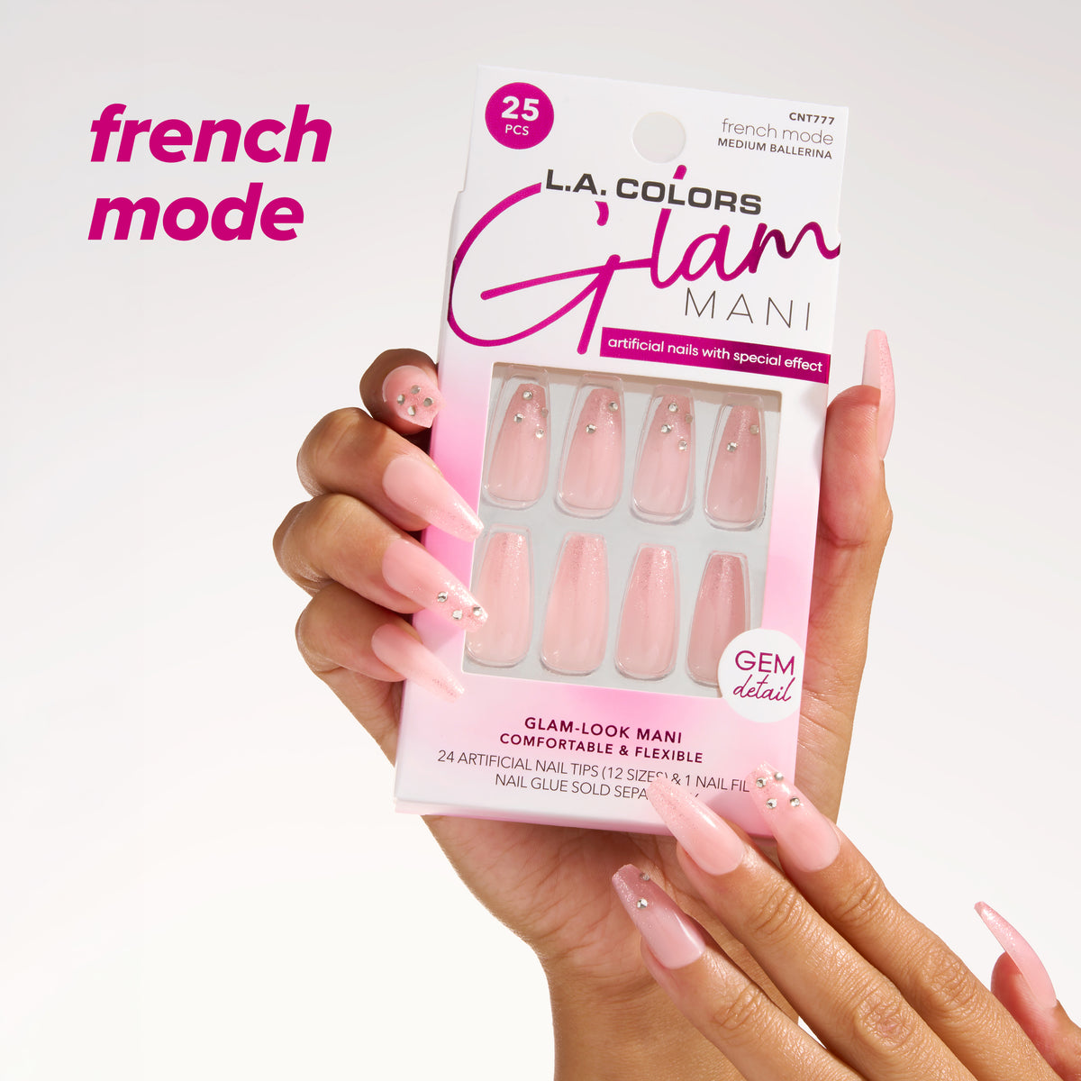 L.A. Colors Glam Mani Nail Tips in French Mode (CNT777): medium ballerina pink French tips with gem detail, 25-piece pack held in hand.