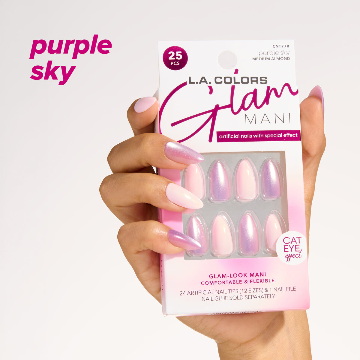 Thumbnail: L.A. Colors Glam Mani Nail Tips in Purple Sky (CNT778): 25-piece pack of glam-look artificial nail tips held in hand.