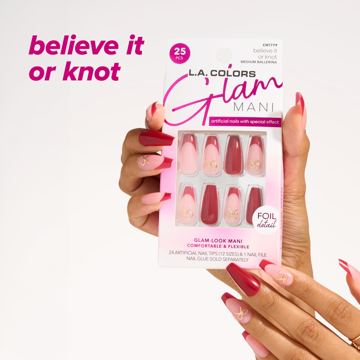 L.A. Colors Glam Mani Nail Tips in Believe It or Knot (CNT779): 25-piece pack of glam-look artificial nail tips held in hand.
