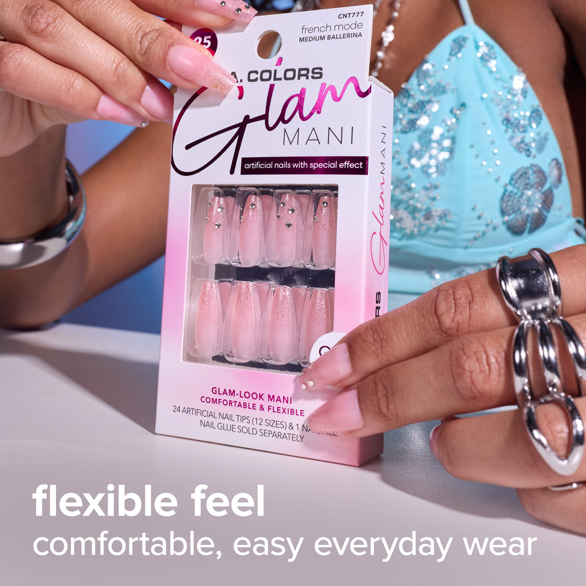 Thumbnail: Flexible feel, comfortable for easy everyday wear: Glam Mani Nail Tips pack held against a sequined top.